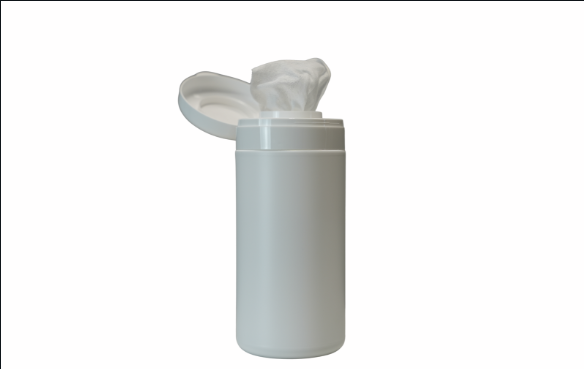 Eine weiße zylindrische Altruan Leere Spenderdose mit Deckel Altruman®/Altrufect® Wipes, 1 Stück, ist geöffnet mit einem einzelnen weißen Tuch, das teilweise herausgezogen ist, dargestellt. Der einfarbige Hintergrund lenkt den Fokus auf den Behälter.