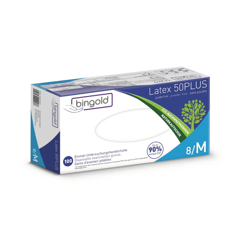 Scatola di guanti in lattice Bingold 50PLUS, taglia 8/M di BINGOLD GmbH + Co. KG. La confezione enfatizza un design senza polvere e presenta una formula al 90% priva di plastica, vegana e quindi perfetta per l'uso in laboratorio e la protezione da pericoli chimici. Contiene 100 guanti.