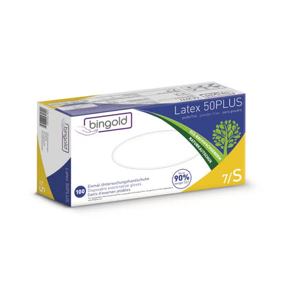 Una scatola di guanti in lattice Bingold 50PLUS, bianca, taglia 7/S. La confezione è bianco-gialla con accenti verdi e contiene 100 guanti in lattice. Questi guanti senza polvere sono principalmente composti da lattice naturale (90% di origine naturale) e sono ideali per l'uso in laboratorio, offrendo protezione dai pericoli chimici.