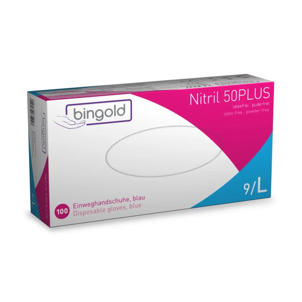 Una scatola di guanti monouso Bingold Nitril 50PLUS, Blu della BINGOLD GmbH + Co. KG viene utilizzata per combattere i rischi chimici. La confezione bianca elegante presenta elementi rosa e blu che indicano la taglia 9/L. Questi guanti senza lattice e senza polvere vengono forniti in confezioni da 100, garantendo così una sicurezza affidabile.
