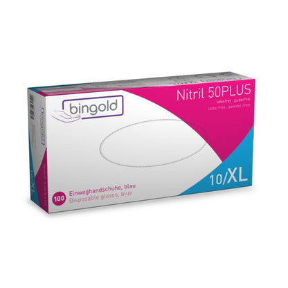 La scatola di guanti monouso Bingold Nitril 50PLUS della BINGOLD GmbH + Co. KG, prevalentemente blu-bianca con una striscia magenta, contiene 100 guanti blu senza lattice e senza polvere di taglia 10/XL per un uso sicuro con rischi chimici.