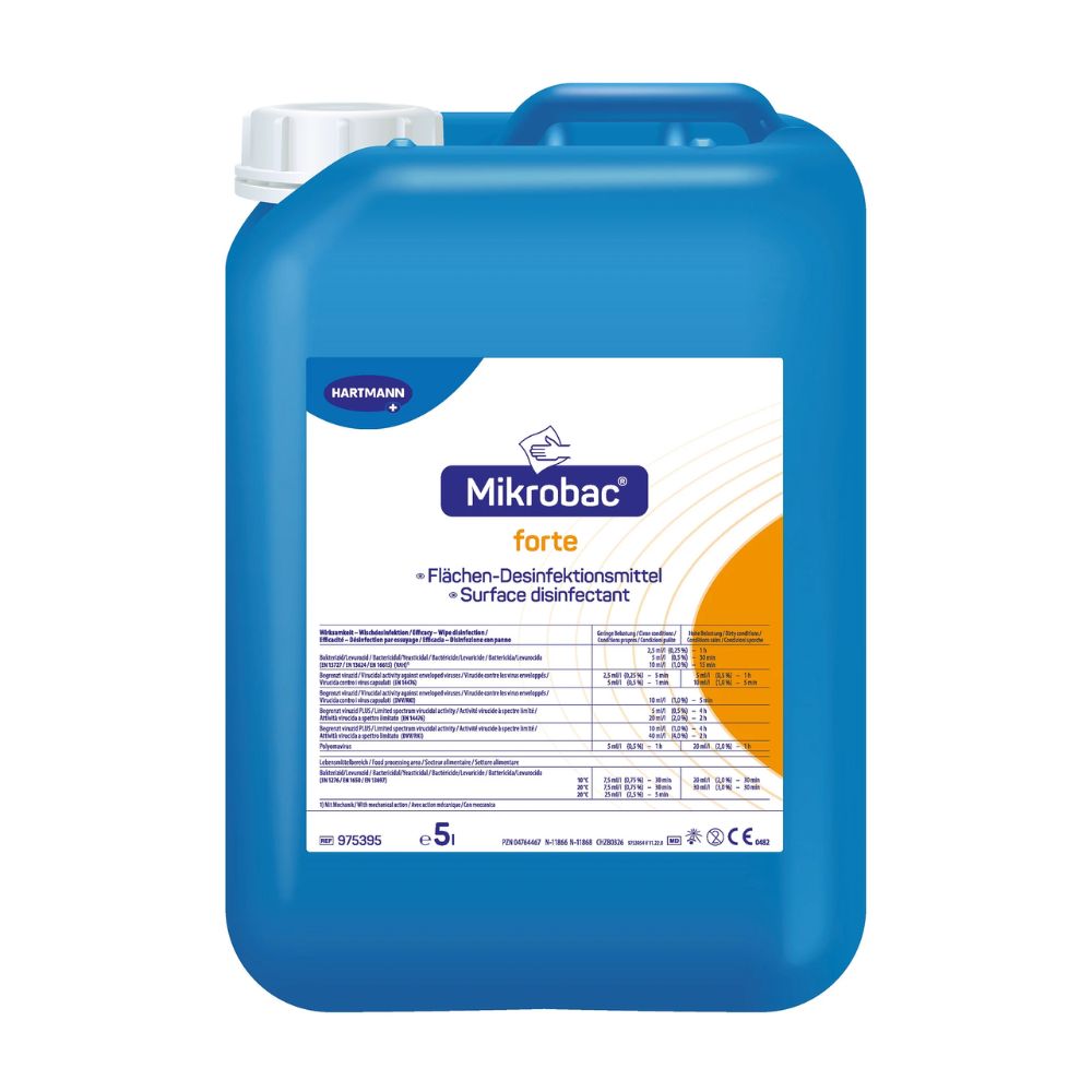 Un contenitore di plastica blu con l'iscrizione „Bode Mikrobac® forte detergente disinfettante per superfici“, un prodotto della Paul Hartmann AG. Sull'etichetta si trovano indicazioni sull'uso del prodotto e il logo del marchio Hartmann.