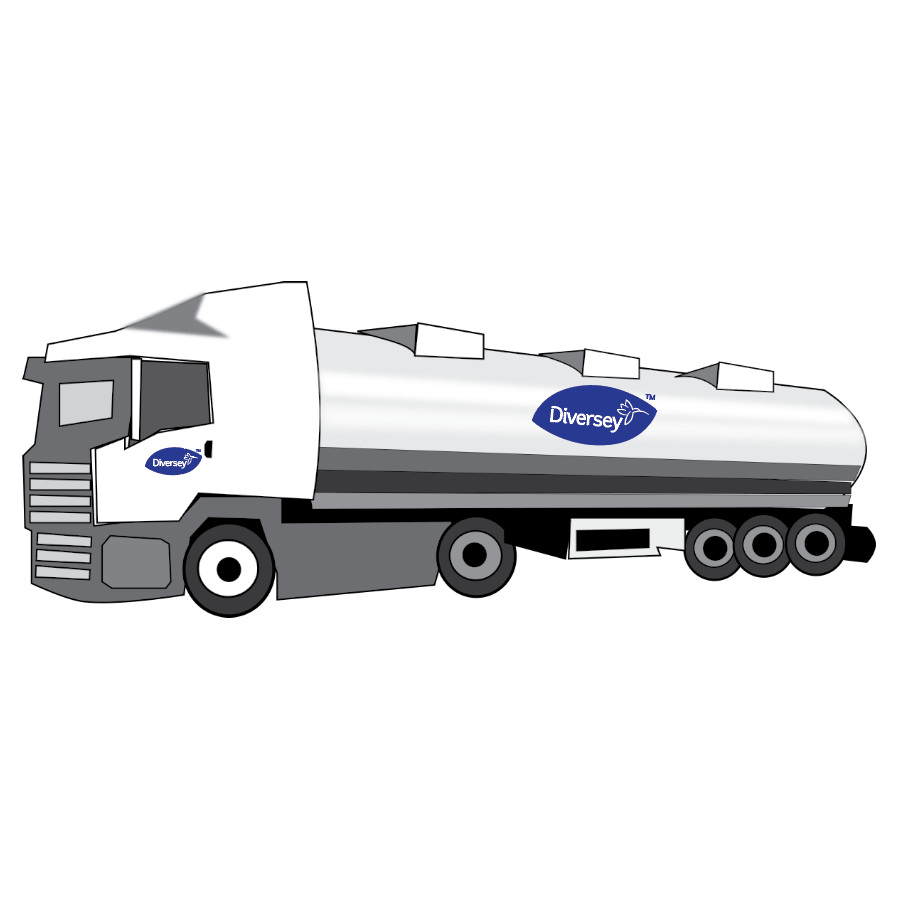 Immagine di un grande camion cisterna bianco con tre assi posteriori, con il logo "Diversey Deutschland GmbH & Co. OHG" e il marchio per Diversey Suma Plex T38, legante per durezza dell'acqua sul lato della cabina e del serbatoio.