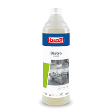 Il detersivo per piatti Buzil Bistro G 435 Detergente intensivo per cucine e grassi della BUZIL-WERK Wagner GmbH & Co. KG è disponibile in una bottiglia alta con tappo blu ed etichetta da cucina. Il detergente da 1 litro assicura superfici igienicamente pulite e fornisce informazioni sul valore del pH e dettagli sul marchio.