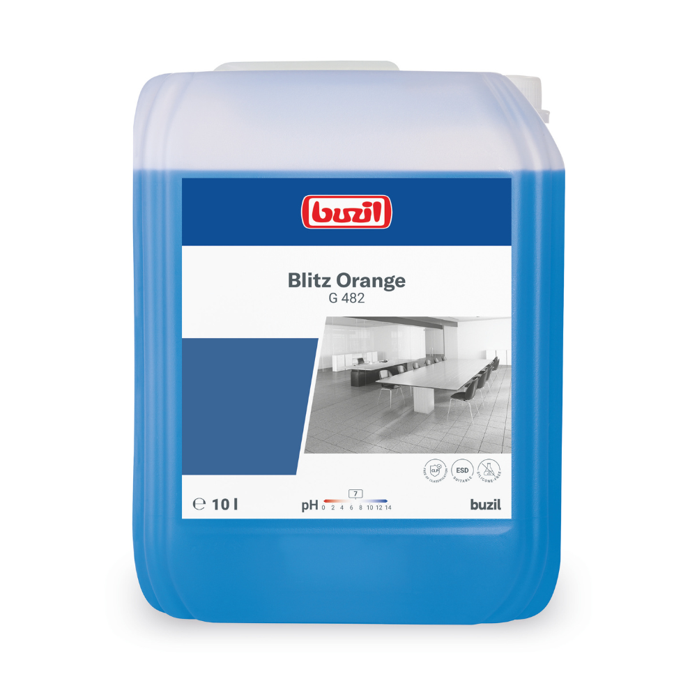 Il contenitore da 10 litri del detergente universale Buzil Blitz Orange G 482 della BUZIL-WERK Wagner GmbH & Co. KG è progettato per l'uso su superfici resistenti all'acqua. Il contenitore, prevalentemente blu, è dotato di un'etichetta bianca su cui sono visibili un'immagine aziendale, una scala del pH e il logo del prodotto. Il tutto è completato dal fresco profumo d'arancia.