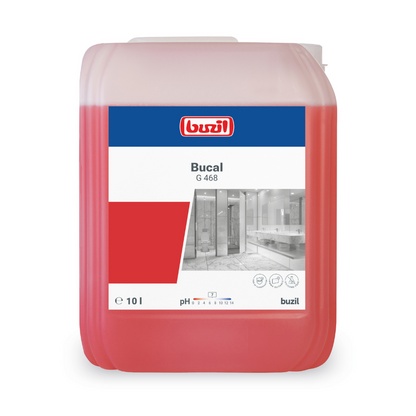 Un contenitore da 10 litri di detergente per la manutenzione sanitaria senza acido Buzil Bucal G 468 di BUZIL-WERK Wagner GmbH & Co. KG, noto per la sua formula senza acido e il suo profumo fresco. Il contenitore è rettangolare, ha un design rosso e trasparente e un'etichetta sulla parte anteriore che mostra il nome del marchio, i dettagli del prodotto e un'immagine di un interno pulito.