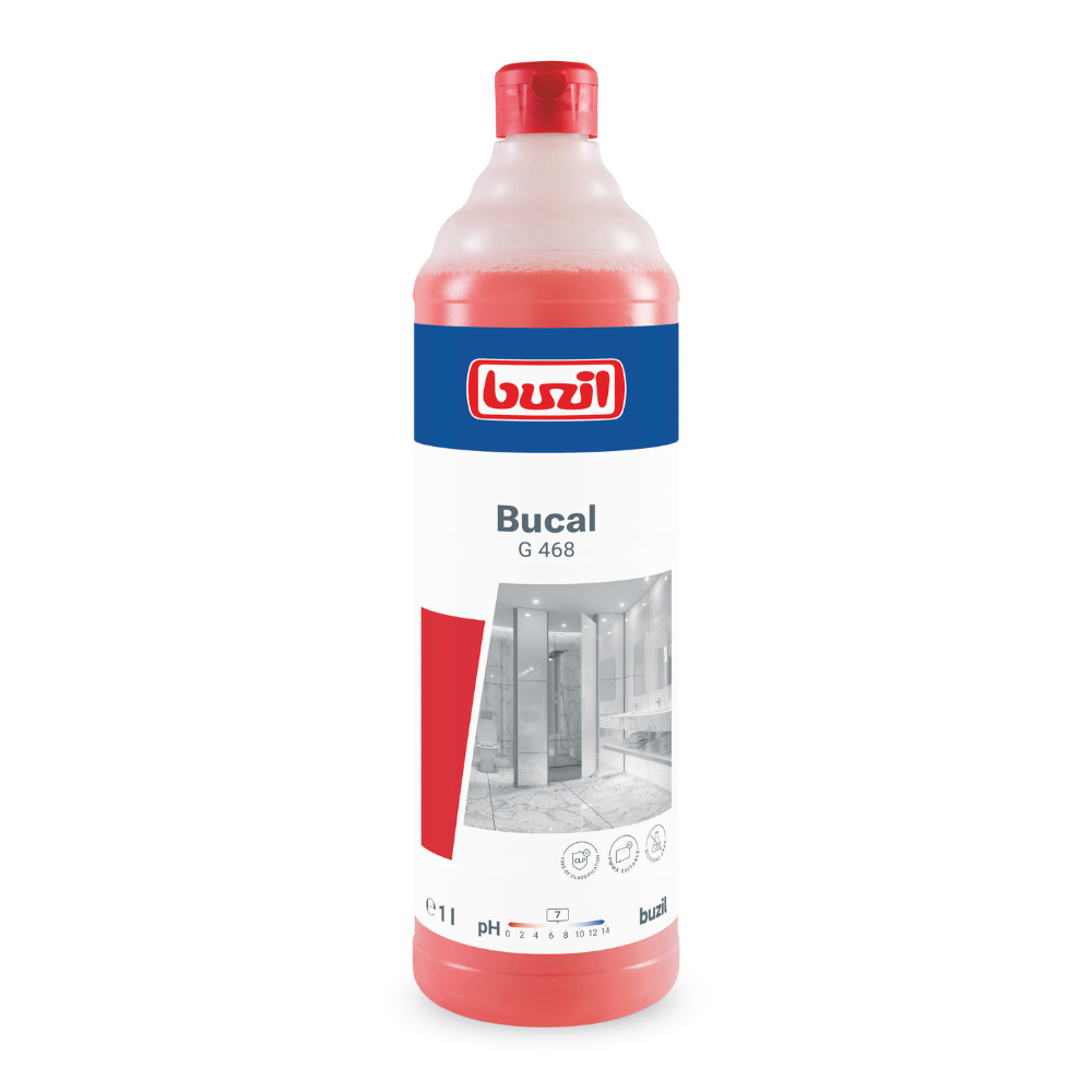 Una bottiglia da 1 litro di detergente per la manutenzione sanitaria senza acido Buzil Bucal G 468 di BUZIL-WERK Wagner GmbH & Co. KG, riconoscibile dal tappo rosso. L'etichetta mostra un motivo del bagno e sottolinea che il prodotto è sia senza acido che pH neutro, offrendo un fresco profumo di pulito.