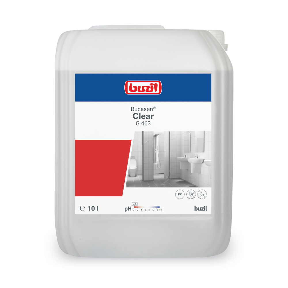 Un contenitore da 10 litri con Buzil Bucasan® Clear G 463 Detergente igienico senza coloranti con blocco odori, con il logo del marchio BUZIL-WERK Wagner GmbH & Co. KG, il nome del prodotto, un'immagine di un bagno e un pH di 3. Ideale per la cura igienica regolare con una funzione efficace di rimozione del calcare. In plastica con maniglia e tappo a vite.