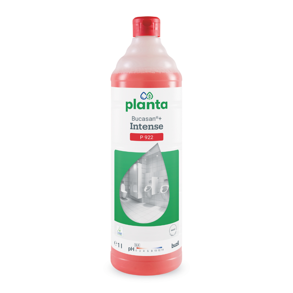 Una bottiglia di plastica da 1 litro Buzil Bucasan®+ Intense P 922, un detergente ecologico per sanitari e disincrostante a base di acido metansolfonico di BUZIL-WERK Wagner GmbH & Co. KG. L'etichetta è prevalentemente bianca con testo verde e mostra un ritaglio a forma di goccia con la rappresentazione di un bagno, progettato per combattere le contaminazioni minerali. La bottiglia viene fornita con un tappo rosso.