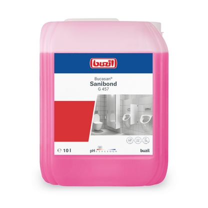 Il contenitore rosa da 10 litri del Buzil Bucasan® Sanibond G 457 Detergente viscoso per la manutenzione sanitaria della BUZIL-WERK Wagner GmbH & Co. KG è decorato con un'etichetta che mostra un'immagine di bagno con lavandino e orinatoi. Questo disincrostante garantisce una brillantezza senza striature e convince con un efficace valore di pH di 1.