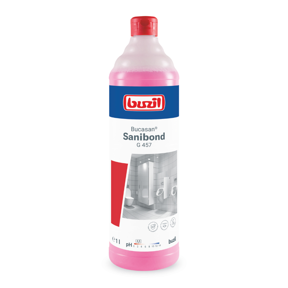 Una bottiglia da 1 litro di Buzil Bucasan® Sanibond G 457 Detergente viscoso per la manutenzione sanitaria con liquido rosa porta il marchio della BUZIL-WERK Wagner GmbH & Co. KG. L'etichetta è progettata con elementi blu e rossi e mostra il nome del prodotto e immagini di un bagno per una brillantezza senza striature. La bottiglia è dotata di un tappo rosso.
