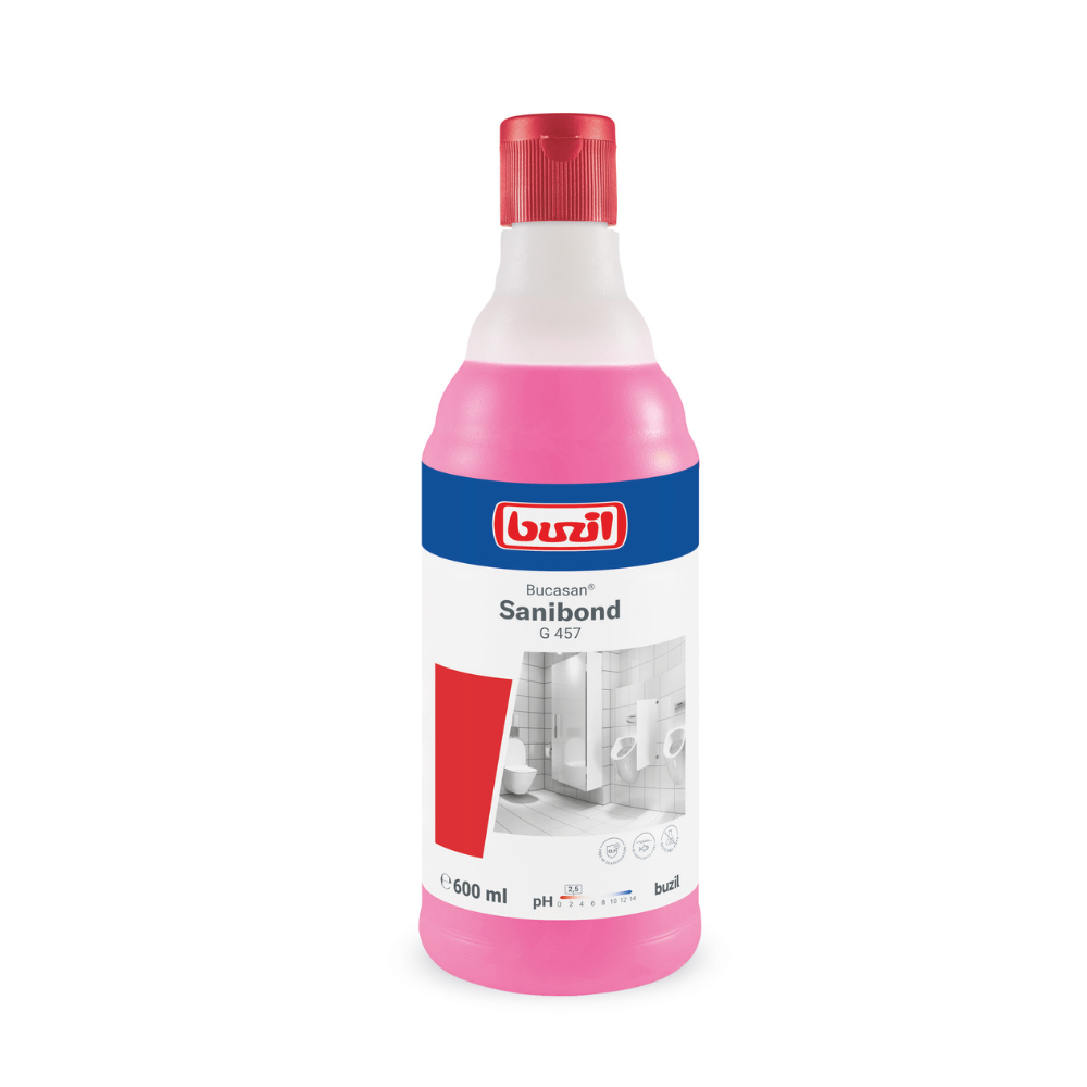 Una bottiglia da 600 ml di Buzil Bucasan® Sanibond G 457 Detergente viscoso per la manutenzione sanitaria della BUZIL-WERK Wagner GmbH & Co. KG, che contiene un liquido rosa con etichetta blu-bianca e tappo rosso. Il detergente sanitario promette una brillantezza senza striature, mostra immagini di accessori per il bagno e fornisce informazioni sul pH.
