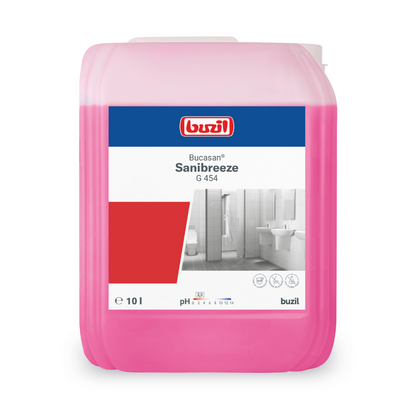 Un contenitore rosa da 10 litri con Buzil Bucasan® Sanibreeze G 454, detergente per la manutenzione dei sanitari prodotto da BUZIL-WERK Wagner GmbH & Co. KG, è dotato di un'etichetta con il logo del marchio, il nome del prodotto e un'immagine di un bagno. Sottolinea la sua capacità di rimuovere i depositi di calcare e mantenere le superfici impeccabili grazie alla sua formula a base di acido citrico con blocco degli odori.