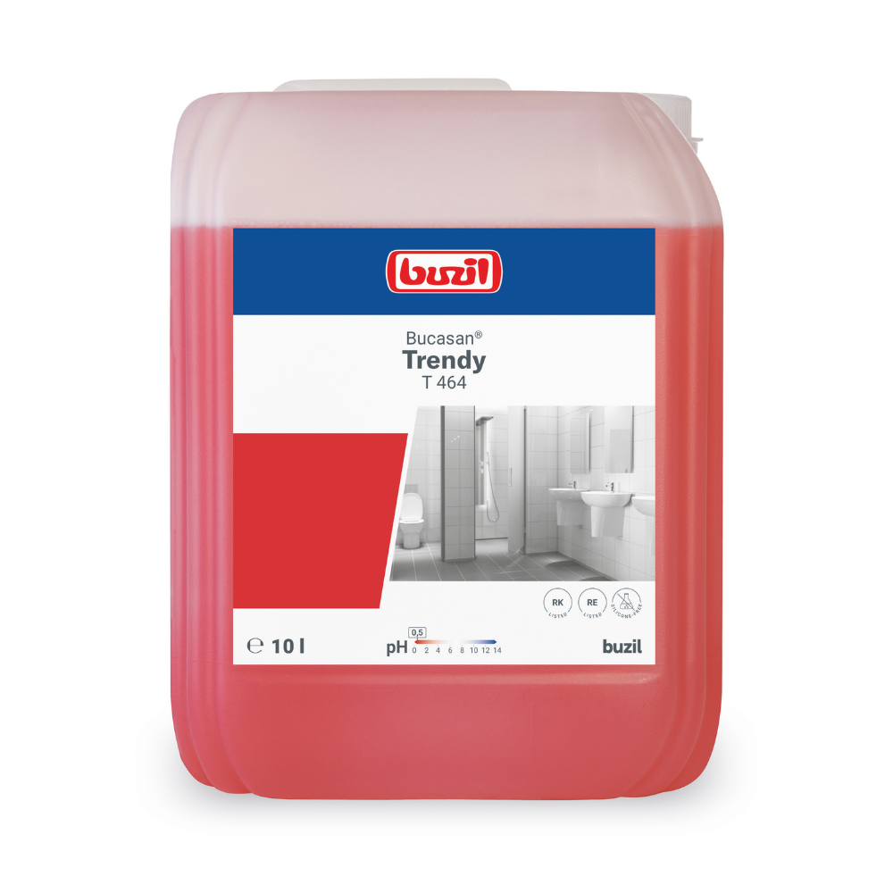 Un contenitore da 10 litri di Buzil Bucasan® Trendy T 464 detergente per la manutenzione dei sanitari intensamente profumato di BUZIL-WERK Wagner GmbH & Co. KG è progettato per la rimozione del calcare. L'etichetta mostra un'immagine di bagno, con il nome del prodotto e il valore del pH chiaramente visibili. Questo liquido rosso assicura una brillantezza senza aloni nella tua routine di pulizia.