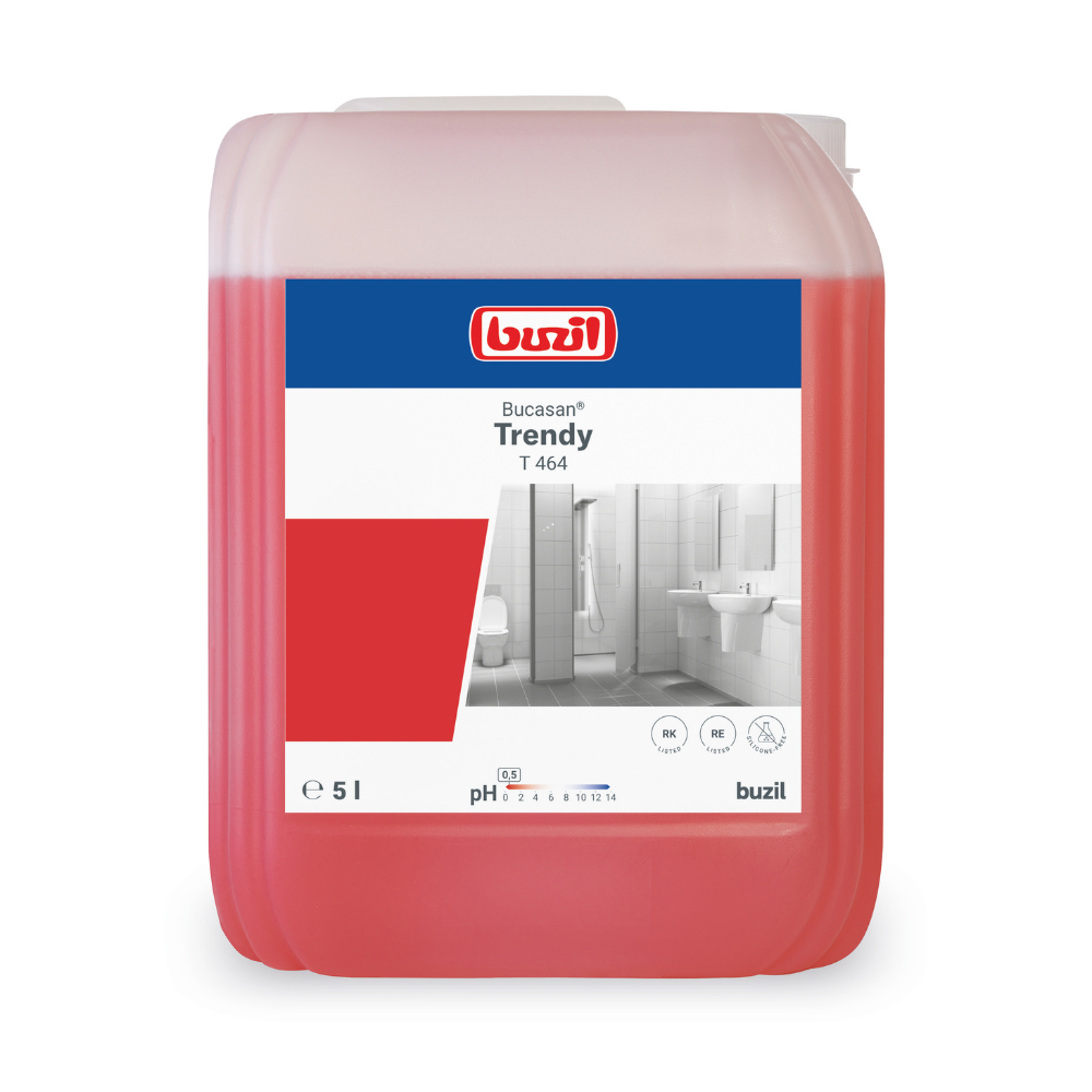 Un contenitore da 5 litri di Buzil Bucasan® Trendy T 464, un disinfettante liquido rosso della BUZIL-WERK Wagner GmbH & Co. KG, assicura una brillantezza senza aloni. L'etichetta contiene un codice a barre, simboli di sicurezza e un intervallo di pH da 4,5 a 5,5. Una grafica del bagno indica l'uso per la rimozione del calcare.