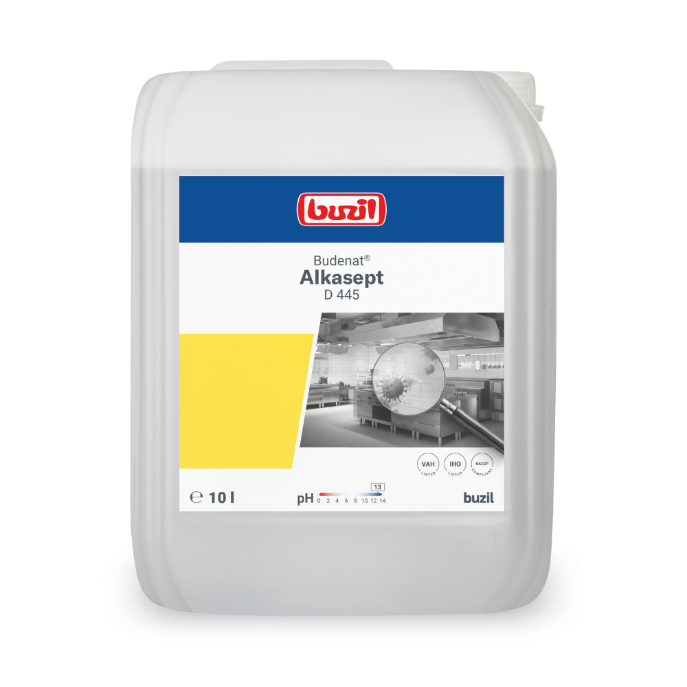 Immagine di un contenitore da 10 litri Buzil Budenat® Alkasept D 445 Detergente disinfettante altamente alcalino. L'etichetta mostra il logo del marchio BUZIL-WERK Wagner GmbH & Co. KG, il nome del prodotto e una cucina industriale immacolata, sottolineando l'idoneità per il settore alimentare e superfici resistenti agli alcali. L'etichetta contiene anche simboli del valore di pH.