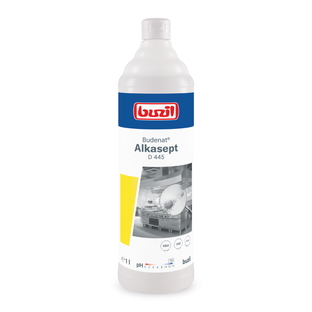 Una bottiglia bianca con l'etichetta "Buzil Budenat® Alkasept D 445 Detergente disinfettante altamente alcalino" di BUZIL-WERK Wagner GmbH & Co. KG è dotata di un logo blu-rosso. È progettata per superfici resistenti agli alcali e contiene sull'etichetta un'immagine in bianco e nero di una macchina, la dicitura "1 litro" e simboli di pH e certificazione - ideale per la pulizia disinfettante nell'industria alimentare.