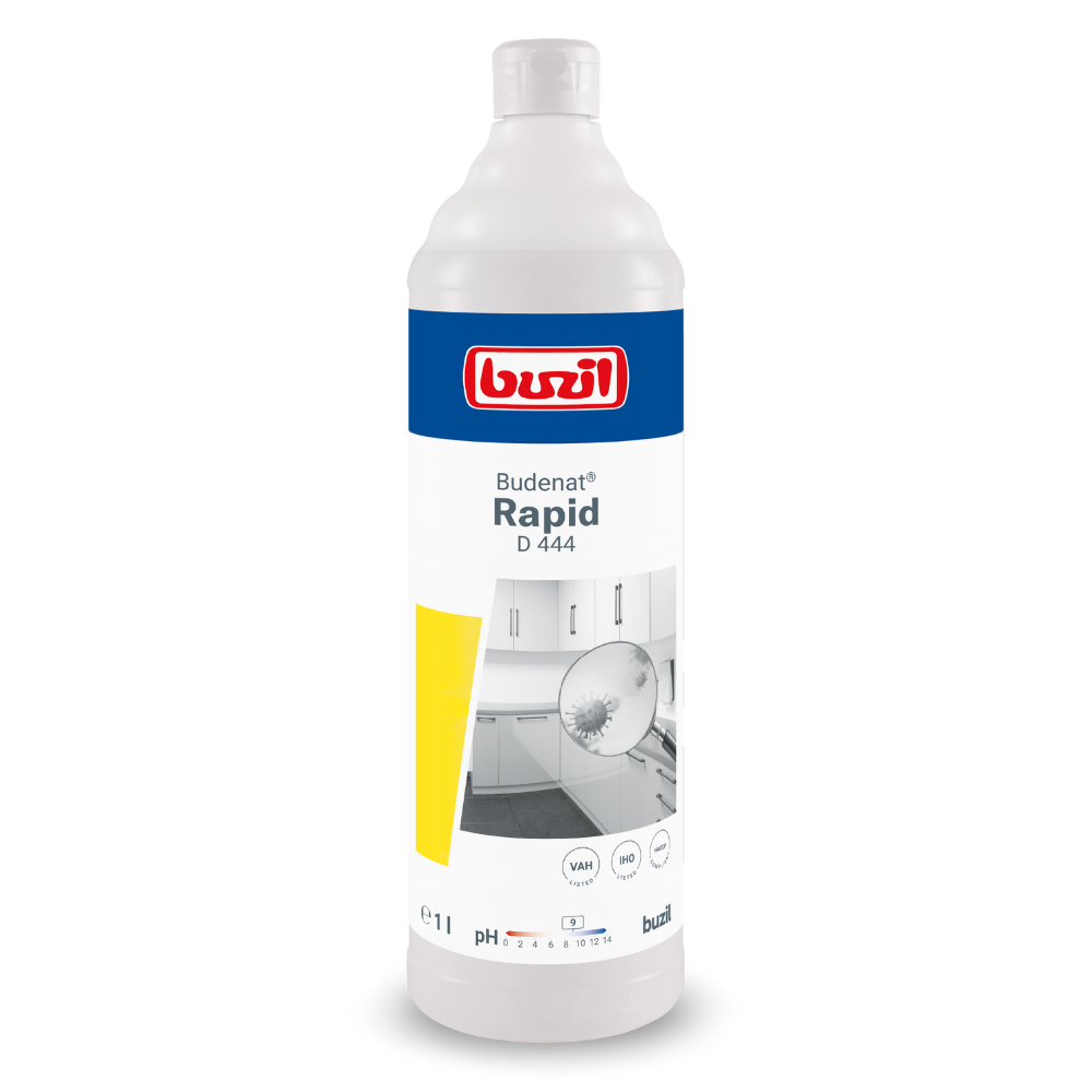 Una bottiglia di plastica bianca con l'etichetta "Buzil Budenat® Rapid D 444 Disinfettante rapido alcolico pronto all'uso | Bottiglia (1 l)" è posizionata in modo prominente, con un design blu e bianco con una foto di cucina pulita e accenti gialli. Questo prodotto della BUZIL-WERK Wagner GmbH & Co. KG è ideale per la disinfezione igienica ed è chiaramente etichettato con informazioni sul prodotto e simboli.