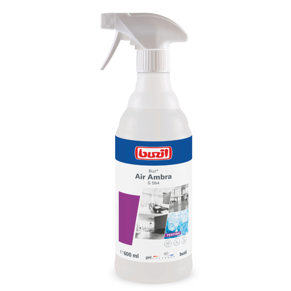 Ecco una frase riscritta utilizzando i dati del prodotto indicati:

Una bottiglia spray bianca con Buzil Buz® Air Ambra G 564 Spray per ambienti pronto all'uso con blocco attivo degli odori di BUZIL-WERK Wagner GmbH & Co. KG dispone di un ugello spray per un'applicazione facile. L'etichetta è blu, viola e bianca e mostra immagini di una cucina e di un bagno. Questa bottiglia da 600 ml contiene uno spray per ambienti pronto all'uso con un blocco attivo degli odori per un profumo duraturo.
