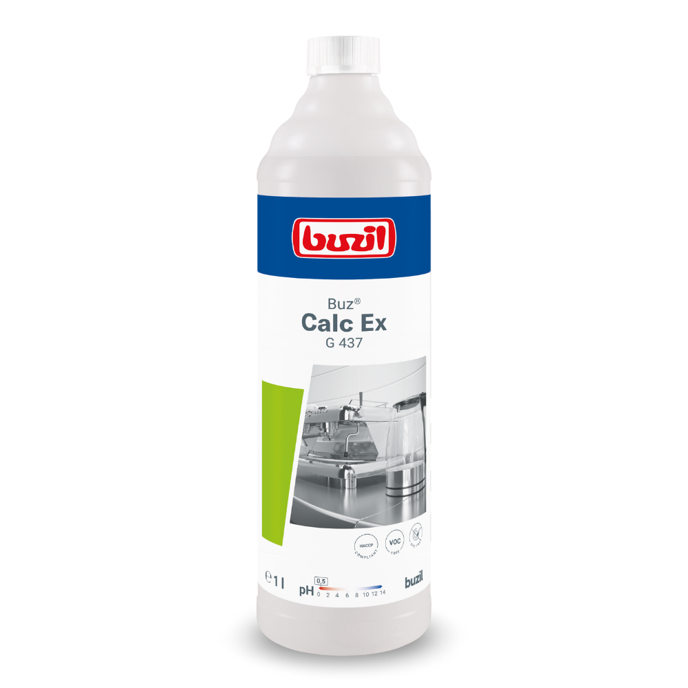 Nell'immagine è raffigurato il Buzil Buz® Calc Ex G 437 Disincrostante universale ad alta efficacia. L'etichetta mostra un'immagine di un lavello da cucina, informazioni sul prodotto e in alto un logo blu-rosso sotto il marchio BUZIL-WERK Wagner GmbH & Co. KG. Questa bottiglia bianca contiene 1 litro di liquido ed è formulata per soddisfare i requisiti HACCP per una pulizia efficiente.
