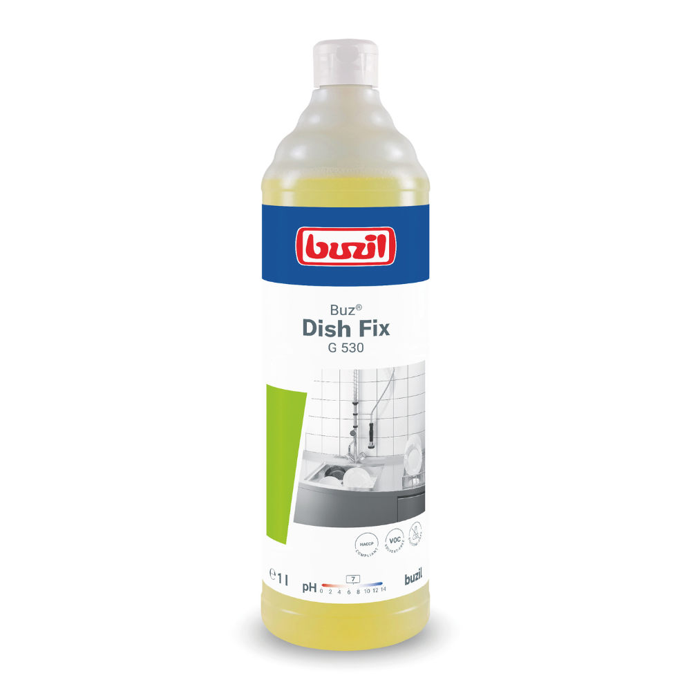 Una bottiglia di Buzil Buz® Dish Fix G 530 detergente per piatti a mano e detergente neutro di BUZIL-WERK Wagner GmbH & Co. KG è un potente detergente per lavare i piatti a mano. La confezione è gialla e ha un'etichetta blu-bianca con l'immagine di un lavello, circondata da stoviglie e accentuata con un design geometrico verde. Contiene 1 litro di questo prodotto altamente efficace.