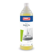 Una bottiglia di Buzil Buz® Dish Fix G 530 detergente per piatti a mano e detergente neutro di BUZIL-WERK Wagner GmbH & Co. KG è un potente detergente per lavare i piatti a mano. La confezione è gialla e ha un'etichetta blu-bianca con l'immagine di un lavello, circondata da stoviglie e accentuata con un design geometrico verde. Contiene 1 litro di questo prodotto altamente efficace.