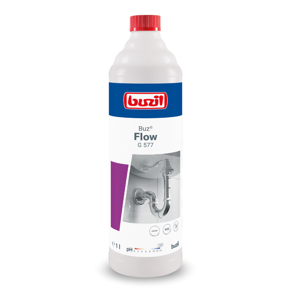 Una bottiglia da 1 litro di Buzil Buz® Flow G 577 Detergente liquido per tubi, prodotto da BUZIL-WERK Wagner GmbH & Co. KG. L'etichetta mostra una grafica sanitaria e il logo del prodotto. La bottiglia prevalentemente bianca è accentuata con dettagli rossi, blu e viola ed è dotata di un tappo rosso, che serve per eliminare efficacemente le ostruzioni negli scarichi.