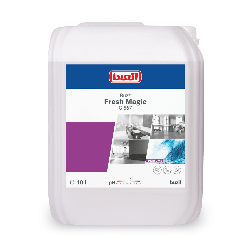 Un contenitore da 10 litri dello spray per ambienti Buzil Buz® Fresh Magic G 567 della BUZIL-WERK Wagner GmbH & Co. KG con blocco attivo degli odori. L'etichetta mostra in modo prominente il logo Buzil, immagini di superfici pulite, un blocco di colore viola e indica chiaramente il valore di pH ottimale per l'uso.
