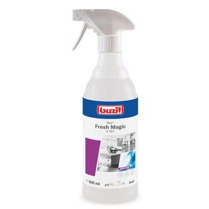 Flacone spray trasparente con la scritta "Buzil Buz® Fresh Magic G 567 Spray per ambienti pronto all'uso con blocco attivo degli odori" in design blu e viola. Questo prodotto da 600 ml della BUZIL-WERK Wagner GmbH & Co. KG contiene la tecnologia di blocco attivo degli odori per una pulizia potente, con immagini di cucina e bagno che evidenziano le superiori capacità di pulizia.