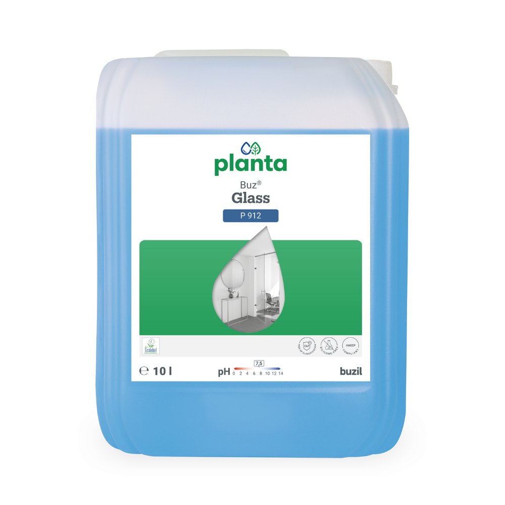 Un contenitore da 10 litri con Buzil Planta Buz® Glass P 912 Detergente ecologico per vetri e superfici della BUZIL-WERK Wagner GmbH & Co. KG, con liquido blu all'interno. L'etichetta mostra un'immagine di una goccia sopra un rettangolo verde e contiene simboli che evidenziano le proprietà eco-certificate e pH-neutre.