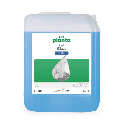 Un contenitore da 10 litri con Buzil Planta Buz® Glass P 912 Detergente ecologico per vetri e superfici della BUZIL-WERK Wagner GmbH & Co. KG, con liquido blu all'interno. L'etichetta mostra un'immagine di una goccia sopra un rettangolo verde e contiene simboli che evidenziano le proprietà eco-certificate e pH-neutre.