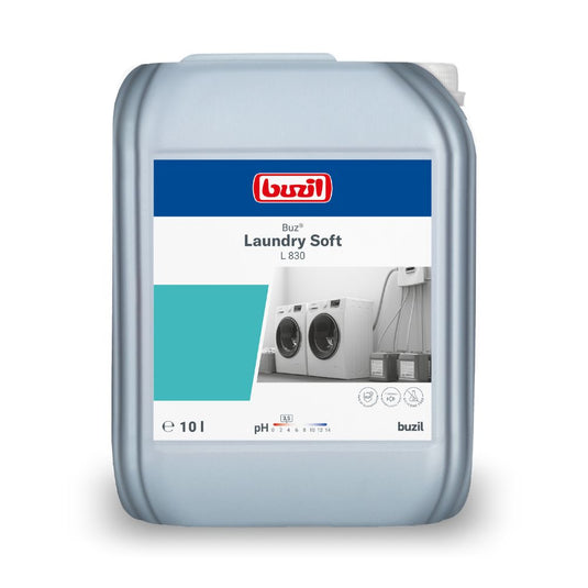 Un contenitore da 10 litri in grigio con Buzil Buz® Laundry Soft L 830 di BUZIL-WERK Wagner GmbH & Co. KG, ideale per lavanderie professionali. Sull'etichetta sono raffigurate lavatrici e importanti dettagli del prodotto come il valore del pH e simboli di misurazione per garantire una cura ottimale dei tessuti.