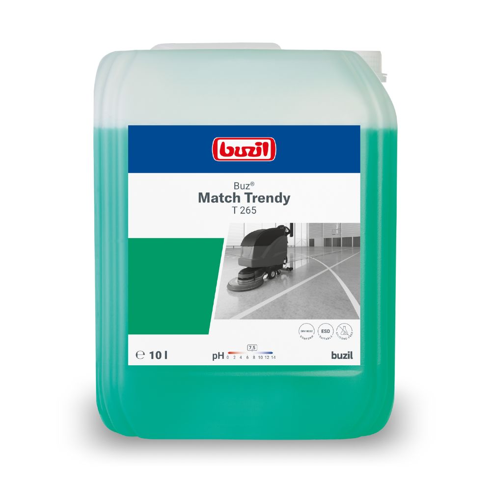 Un contenitore da 10 litri di Buzil Buz® Match Trendy T 265 Detergente Neutro per Macchine della BUZIL-WERK Wagner GmbH & Co. KG è dotato di un'etichetta verde con simboli ambientali, indicatore di pH e istruzioni per la pulizia. L'immagine di una macchina per la pulizia dei pavimenti sottolinea l'elevata compatibilità dei materiali per l'uso come detergente neutro per macchine.