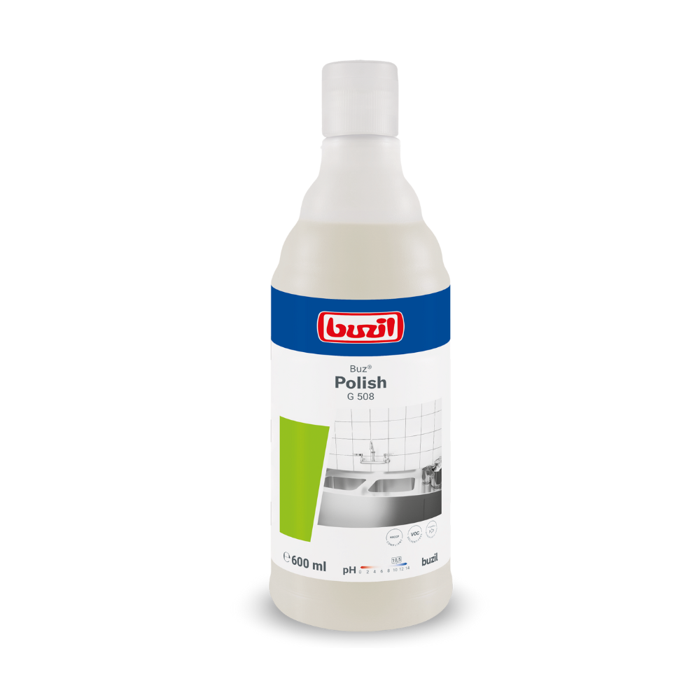 Una bottiglia da 600 ml di Buzil Buz® Polish G 508 Latte detergente pronto all'uso, in posizione verticale. L'etichetta mostra un design blu-bianco con accenti verdi e l'immagine di una superficie piastrellata, evidenziando l'efficacia nella pulizia delle superfici. Il logo del marchio BUZIL-WERK Wagner GmbH & Co. KG è posto in alto in modo prominente.