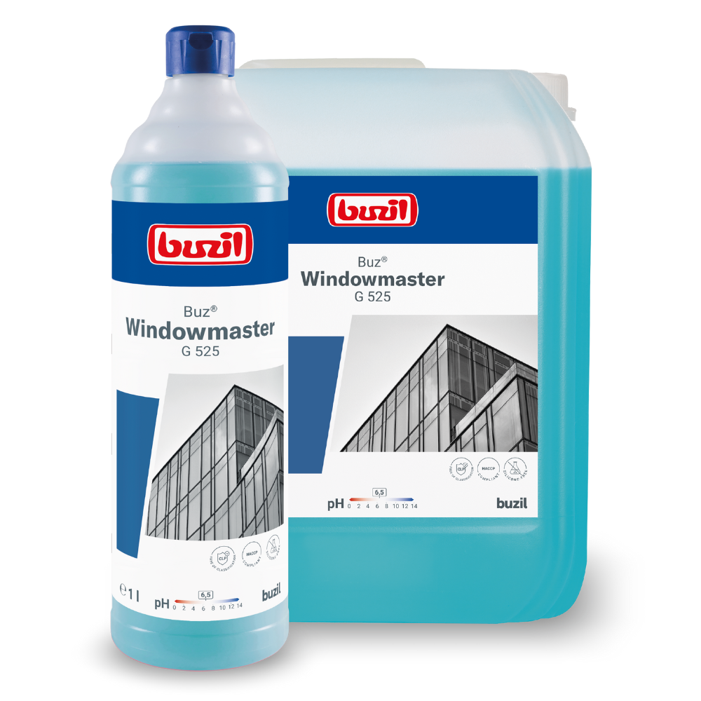 Eine Flasche und ein Großbehälter Buzil Buz® Windowmaster G 525 Glas- und Fensterreiniger-Konzentrat von BUZIL-WERK Wagner GmbH & Co. KG zeichnen sich durch schnelltrocknende Formel aus. Die Etiketten zeigen eine Gebäudefassade mit Fenstern und weisen einen pH-Wert von 9,5 aus. Beide sind mit blauer Flüssigkeit gefüllt, die einen verbesserten Anti-Soiling-Effekt verspricht.