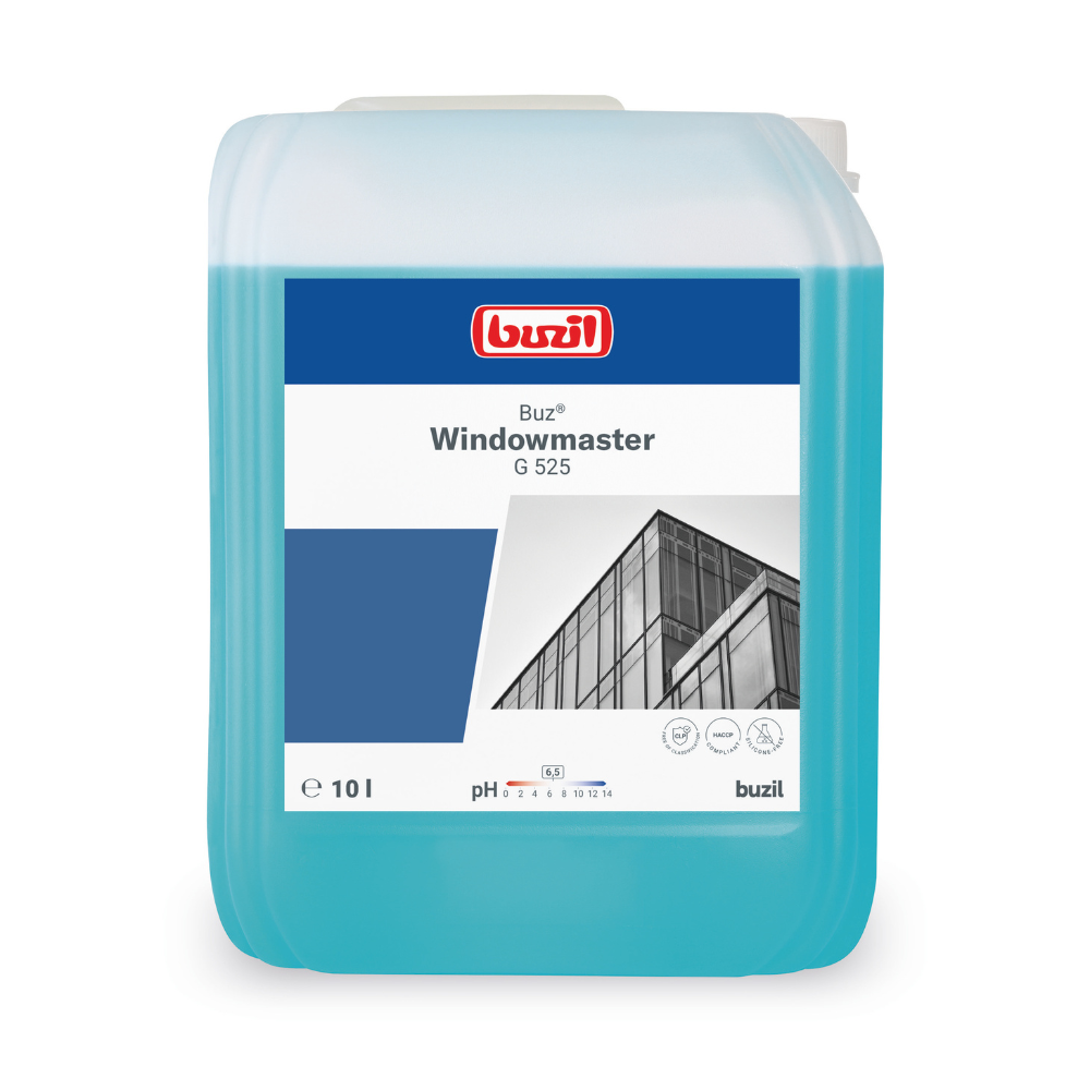 Su un contenitore blu da 10 litri con Buzil Buz® Windowmaster G 525 concentrato per la pulizia di vetri e finestre della BUZIL-WERK Wagner GmbH & Co. KG è applicata un'etichetta con l'immagine di un edificio con finestre in vetro. Inoltre, viene indicata la formula ad asciugatura rapida, con un intervallo di pH di circa 7.