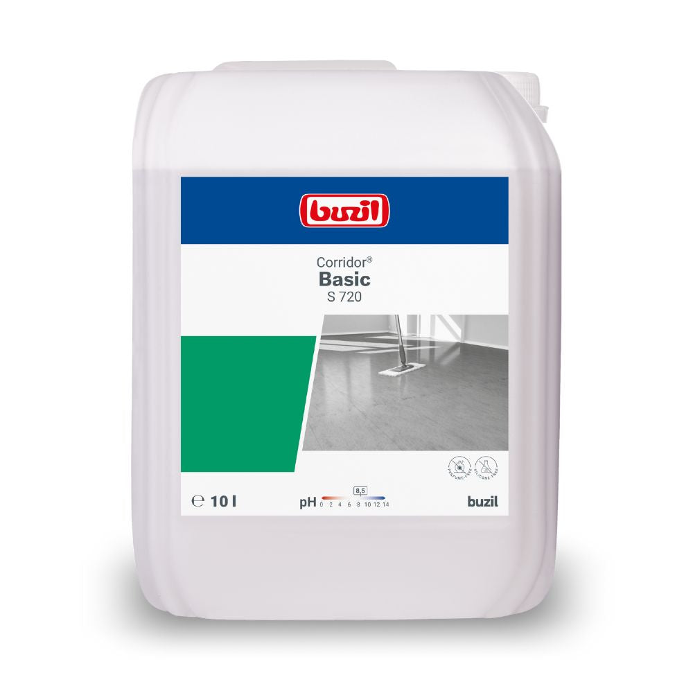 Esposto è un contenitore da 10 litri con Buzil Corridor® Basic S 720 riempitivo di pori e primer. L'etichetta è bianca con sezioni verdi e blu e mostra un'immagine del pavimento che suggerisce l'idoneità per i rivestimenti del pavimento. Contiene il logo della BUZIL-WERK Wagner GmbH & Co. KG, un valore di pH e simboli rilevanti.
