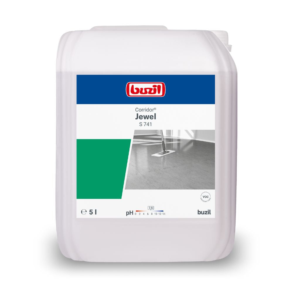 Nell'immagine è raffigurato un contenitore da 5 litri con il detergente per pavimenti Buzil Corridor® Jewel S 741 dispersione ad alte prestazioni di BUZIL-WERK Wagner GmbH & Co. KG. L'etichetta mostra il logo del marchio, il nome del prodotto e un'immagine di un pavimento lucido. Indica un valore di pH di 7,8 e dispone di un simbolo di idoneità per PVC, rendendolo ideale per scopi di rivestimento del pavimento.