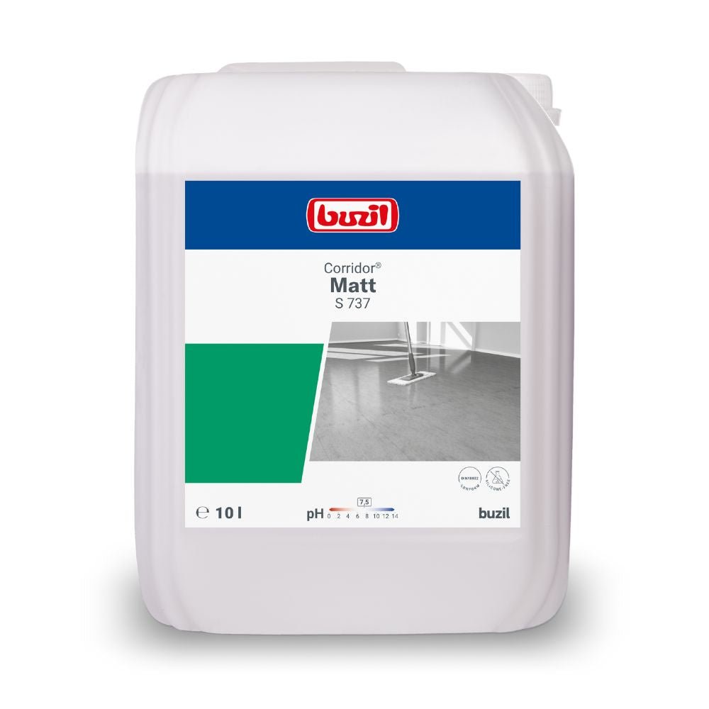Un contenitore da 10 litri della dispersione satinata Buzil Corridor® Matt S 737, prodotto da BUZIL-WERK Wagner GmbH & Co. KG, è etichettato con una finitura semilucida. Su di esso sono raffigurati il logo del marchio, il nome del prodotto e un'immagine di pavimenti, con elementi di design in verde e grigio che completano l'aspetto.