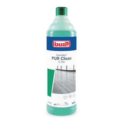 Il Buzil Corridor® PUR Clean S 766 detergente per pavimenti ultra-bagnante con blocco odori di BUZIL-WERK Wagner GmbH & Co. KG è disponibile in una bottiglia con design verde chiaro, etichetta blu e logo rosso. Contiene 1 litro di prodotto, ideale per la cura di pavimenti impeccabili, ed è dotato di un'immagine di un pavimento pulito sulla confezione.