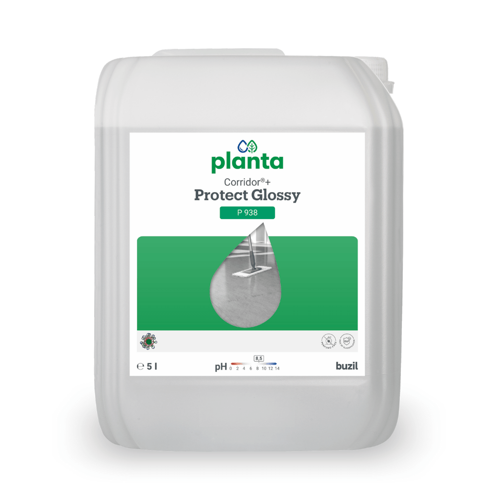 Nell'immagine è mostrato un contenitore da 5 litri di Buzil Corridor®+ Protect Glossy P 938 dispersione ecologica della BUZIL-WERK Wagner GmbH & Co. KG. L'etichetta bianca con accenti verdi e immagine di gocce sottolinea la cura del pavimento premium con un valore di pH di 9,4.