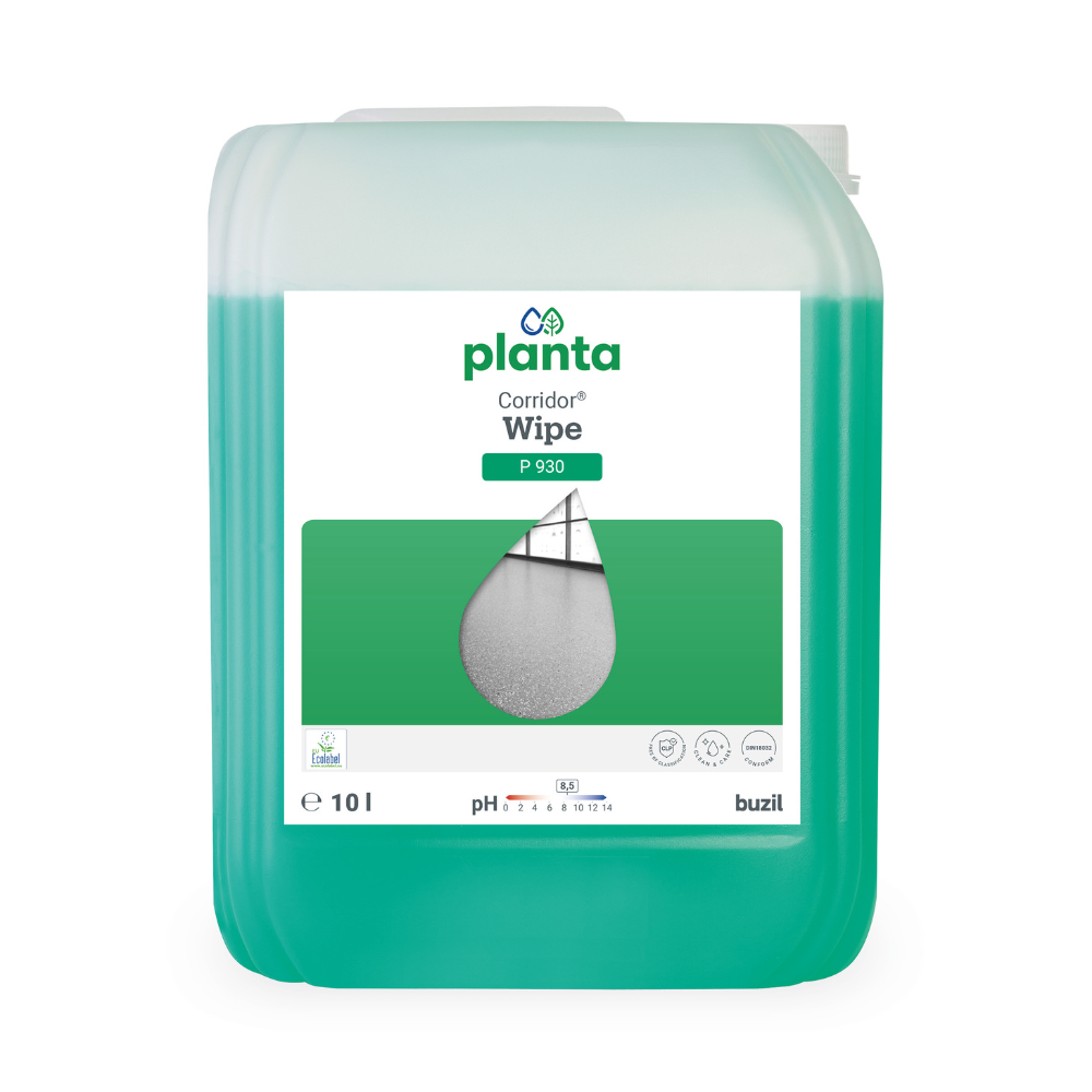 È esposto un contenitore da 10 litri con Buzil Corridor® Wipe P 930, noto per la sua cura ecologica a base di polimeri con blocco degli odori. Il contenitore trasparente consente di vedere il liquido verde all'interno. Sull'etichetta sono chiaramente visibili il marchio, il nome del prodotto e il valore del pH della BUZIL-WERK Wagner GmbH & Co. KG, sottolineando l'impegno dell'azienda per la cura di pulizia ecologica.