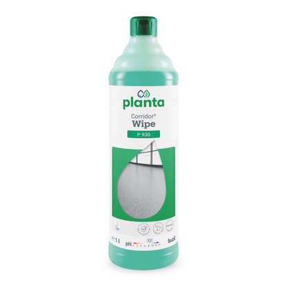 Una bottiglia verde con la scritta "Buzil Corridor® Wipe P 930" mostra un'immagine di un pavimento pulito e indica che il volume del prodotto è di 1 litro. Questa formula a base di polimeri di BUZIL-WERK Wagner GmbH & Co. KG assicura una cura di pulizia ecologica e blocca efficacemente gli odori nei tuoi ambienti.