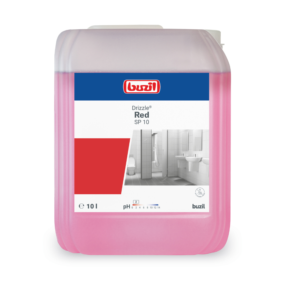 Ein rechteckiger 10-Liter-Kunststoffbehälter mit Buzil Drizzle® Red SP 10 Gebrauchsfertiger Sanitär-Schaumreiniger, hergestellt von BUZIL-WERK Wagner GmbH & Co. KG, enthält eine rosa Flüssigkeit mit einem pH-Wert von 3,5 und zeigt Badezimmerbilder auf dem Etikett, die seine hervorragende Reinigungsleistung hervorheben.