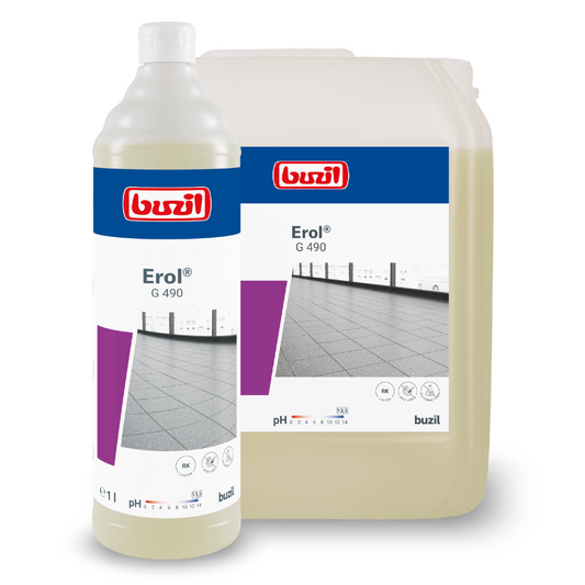 Das Bild zeigt zwei Behälter mit Buzil Erol® G 490 Alkalischer Intensivreiniger für Feinsteinzeugfliesen von BUZIL-WERK Wagner GmbH & Co. KG. Der größere, quadratische, durchscheinende Behälter und der kleinere zylindrische Behälter sind beide mit violetten und blauen Etiketten mit Bildern einer Reinigungslösung versehen, die sich perfekt für die Tiefenreinigung von Feinsteinzeugfliesen eignet.