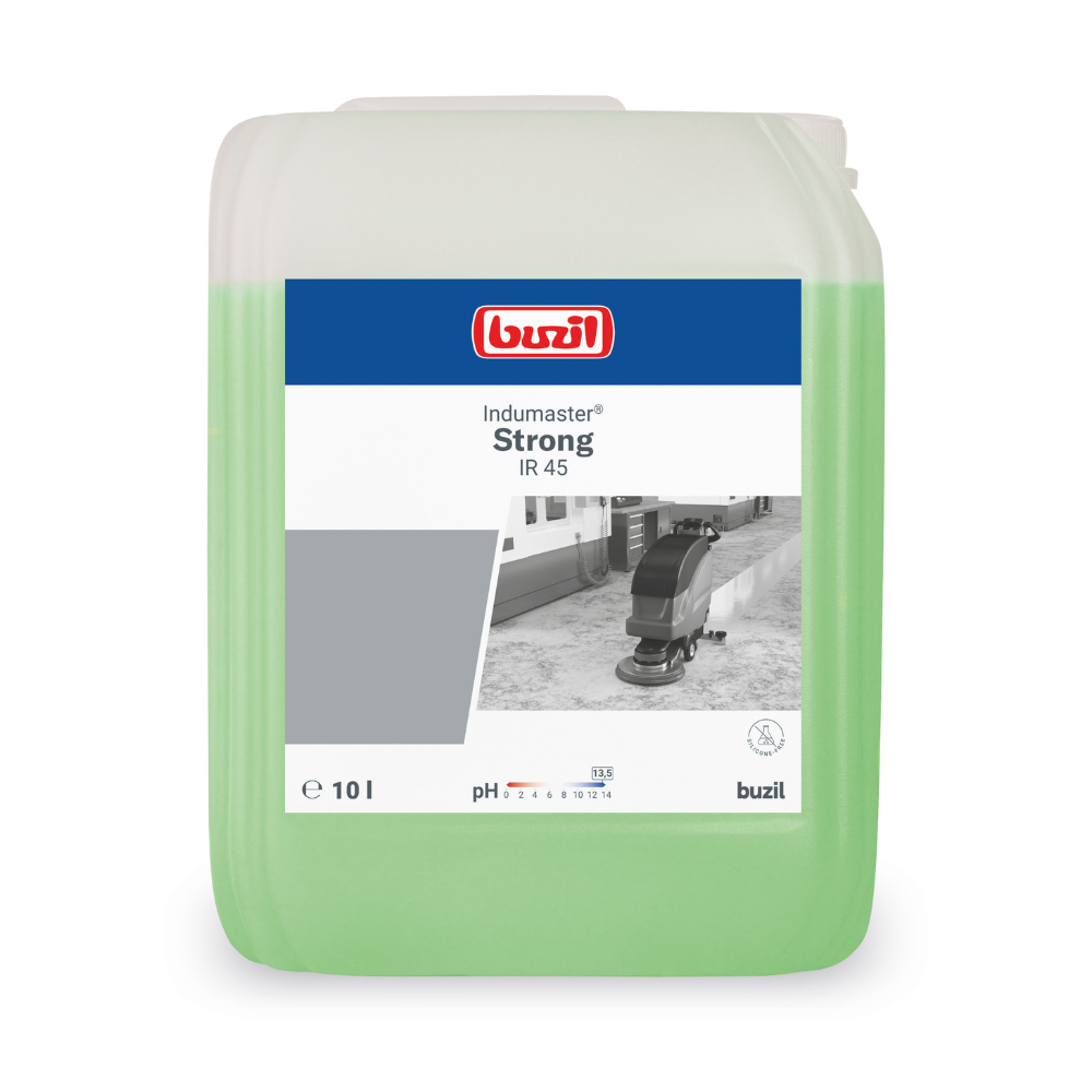 Un contenitore da 10 litri con Buzil Indumaster® Strong IR 45 Detergente industriale ad alte prestazioni altamente alcalino, progettato per l'uso su pavimenti resistenti agli alcali. L'etichetta mostra una macchina per la pulizia su una superficie lucida, all'interno brilla il liquido verde chiaro. La maniglia del contenitore è comodamente posizionata in alto a destra. Questo prodotto proviene da BUZIL-WERK Wagner GmbH & Co. KG.