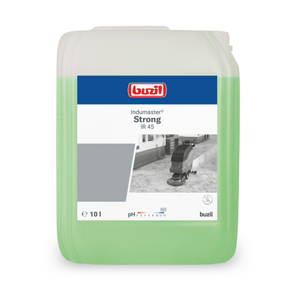 Un contenitore da 10 litri con Buzil Indumaster® Strong IR 45 Detergente industriale ad alte prestazioni altamente alcalino, progettato per l'uso su pavimenti resistenti agli alcali. L'etichetta mostra una macchina per la pulizia su una superficie lucida, all'interno brilla il liquido verde chiaro. La maniglia del contenitore è comodamente posizionata in alto a destra. Questo prodotto proviene da BUZIL-WERK Wagner GmbH & Co. KG.