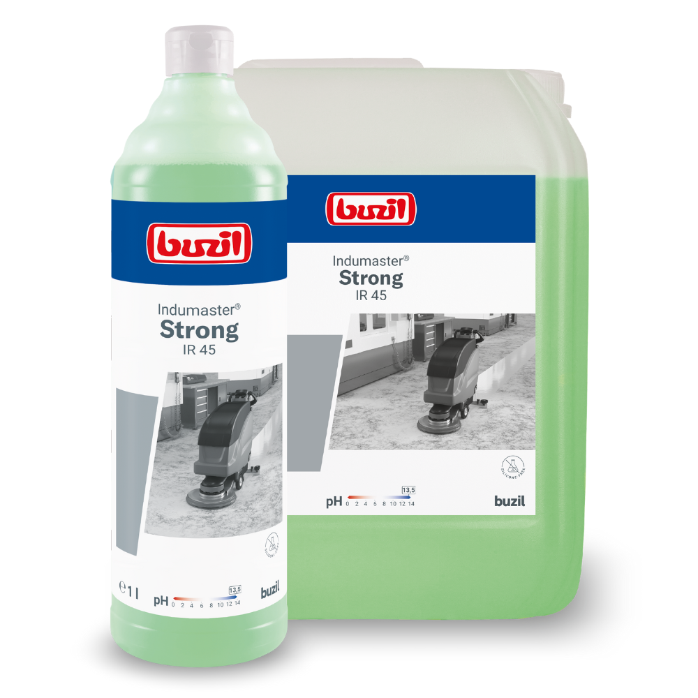 Nell'immagine sono raffigurati due contenitori con Buzil Indumaster® Strong IR 45 Detergente industriale ad alte prestazioni altamente alcalino di BUZIL-WERK Wagner GmbH & Co. KG. La bottiglia più piccola, destinata all'uso su pavimenti resistenti agli alcali, è riconoscibile per un tappo bianco e contiene un liquido verde. Il contenitore più grande è una brocca traslucida con un'etichetta che mostra una macchina per la pulizia dei pavimenti per applicazioni di detergenti industriali.