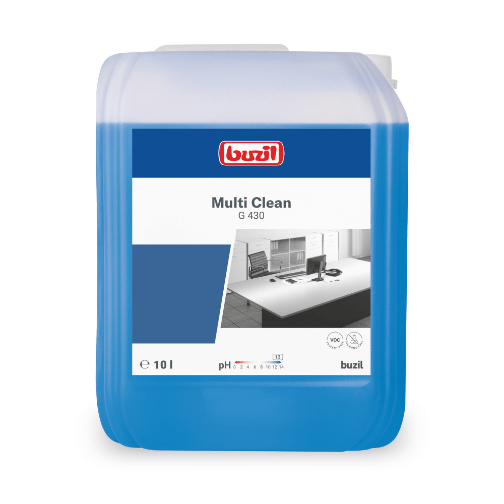 Su un contenitore di plastica blu con etichetta bianco-blu è raffigurato il "Buzil Multi Clean G 430 Detergente alcalino intensivo multiuso" della BUZIL-WERK Wagner GmbH & Co. KG. Il motivo di una scrivania d'ufficio scintillante sottolinea la sua efficacia come potente detergente. Il contenitore ha una capacità di 10 litri, rendendolo ideale per la rimozione di sporco ostinato su diverse superfici.