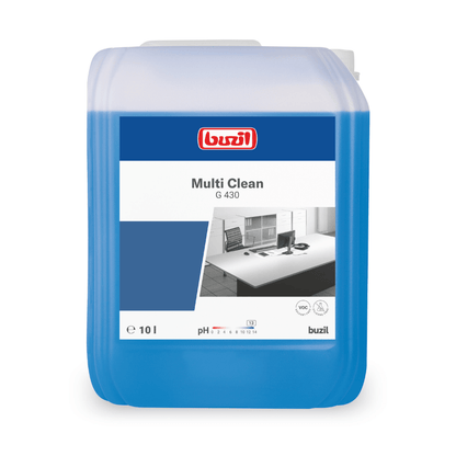 Su un contenitore di plastica blu con etichetta bianco-blu è raffigurato il "Buzil Multi Clean G 430 Detergente alcalino intensivo multiuso" della BUZIL-WERK Wagner GmbH & Co. KG. Il motivo di una scrivania d'ufficio scintillante sottolinea la sua efficacia come potente detergente. Il contenitore ha una capacità di 10 litri, rendendolo ideale per la rimozione di sporco ostinato su diverse superfici.